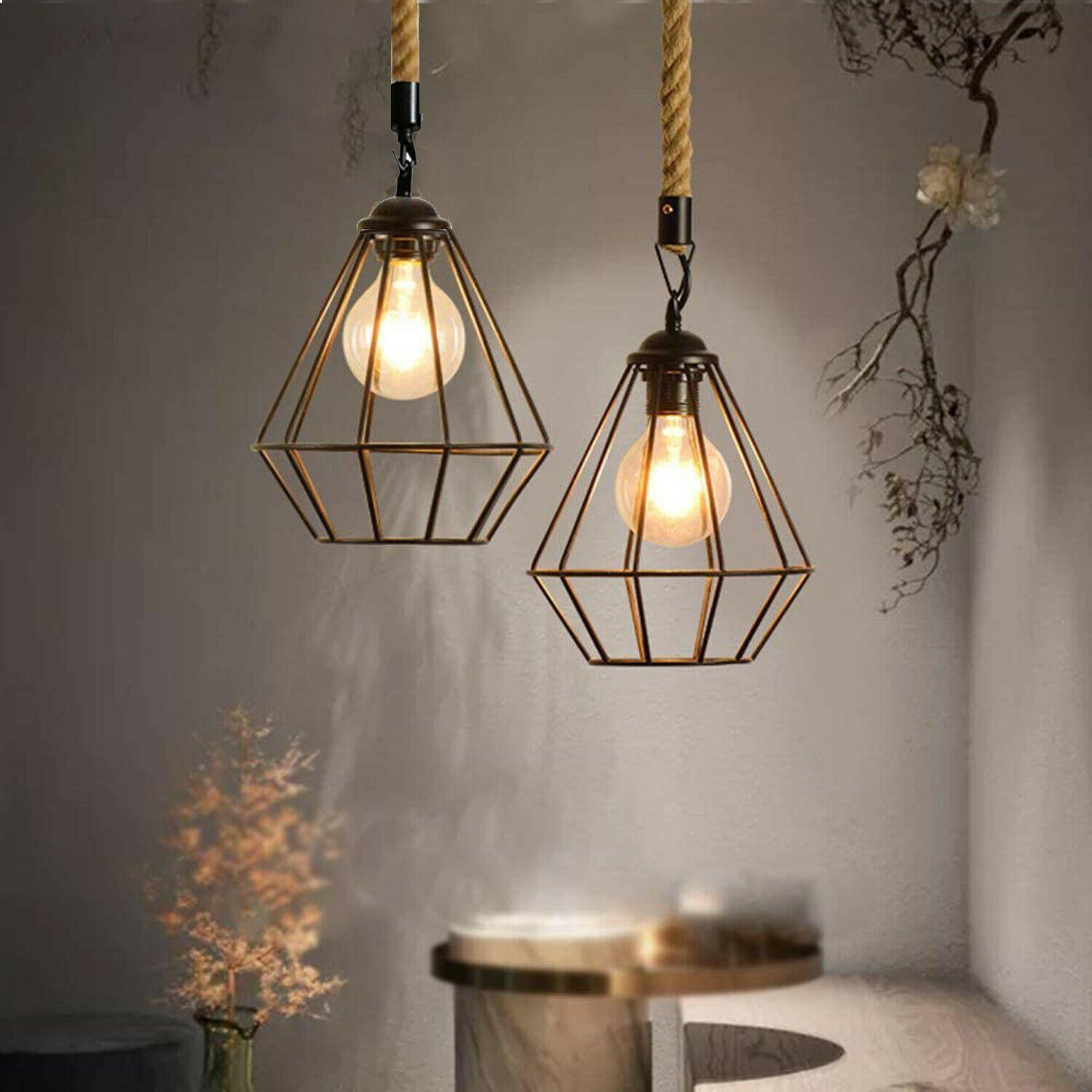 Vintgae E27 Industrial Pendant Retro Cage Edison Hemp Rope Ceiling Light Fixture~2026-1