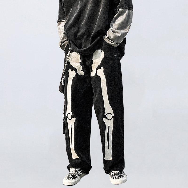 Wide Leg Skeleton Print Jeans - Puritific