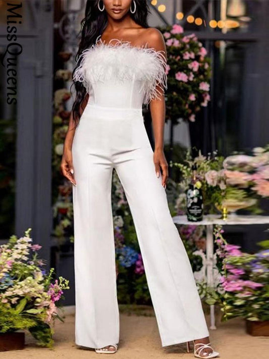 Women Sequined Feather-paneled Jumpsuit - Puritific